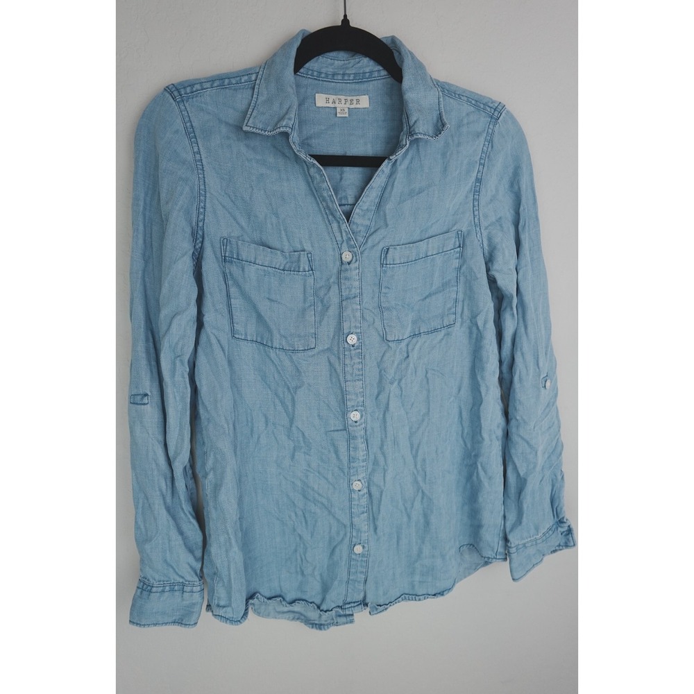 Harper Chambray Denim Shirt Women's XS Light Wash Button Front Long Sleeve Casua